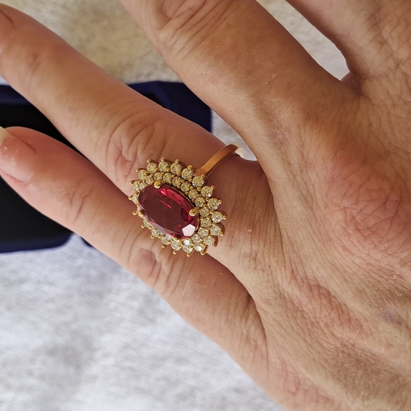 Padparadscha Sapphire & Genuine Moissanite Double Halo Ring. - Picture 9 of 10